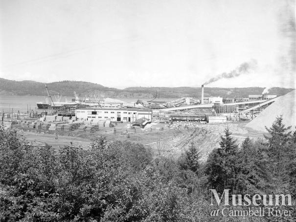 View of Elk Falls Co. sawmill yard near Campbell River