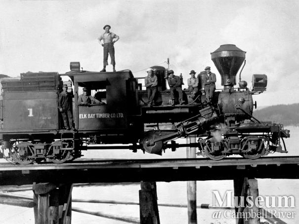 Elk Bay Timber Co. logging locomotive on a trestle