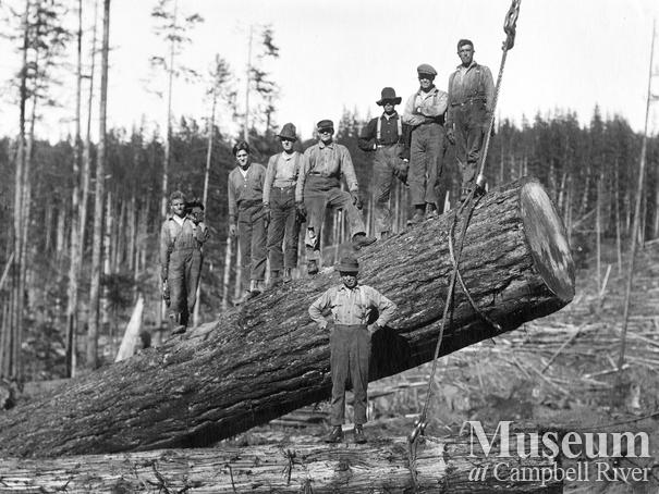 Loggers on a large fir log on its way to the log dump